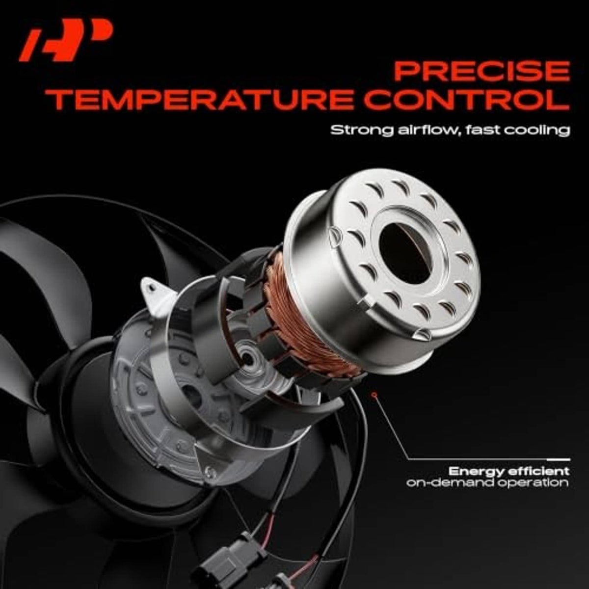 Radiator fan motor with metal rotor and visible electric coil