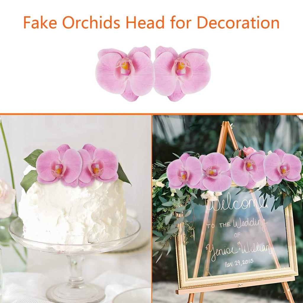 Pink artificial orchid flower heads, 3 blossoms with layered petals and yellow centers