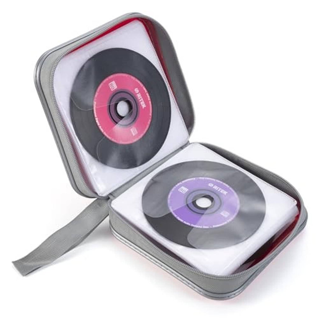 Open red-gray hard-shell CD/DVD zipper wallet with two discs in padded sleeves