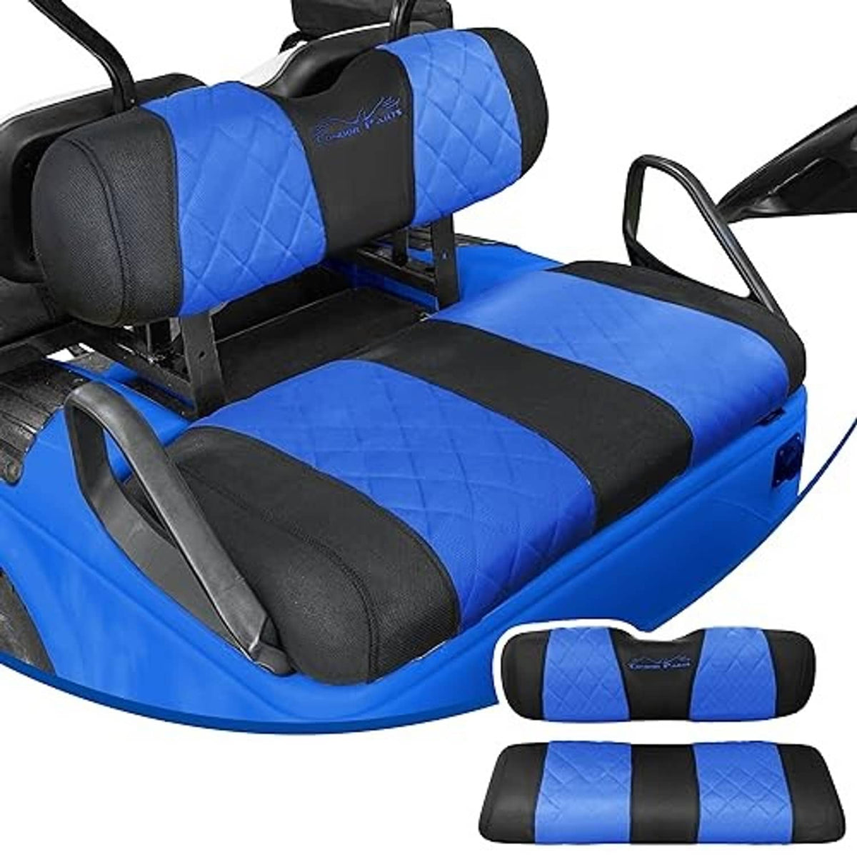 Blue quilted diamond-pattern seat cover with black side panels and headrest sleeves