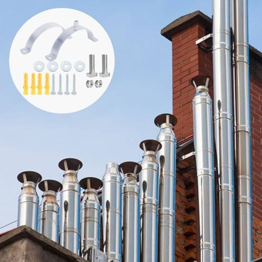 Chimney pipe bracket set with split rings securing multiple flue pipes on brick wall