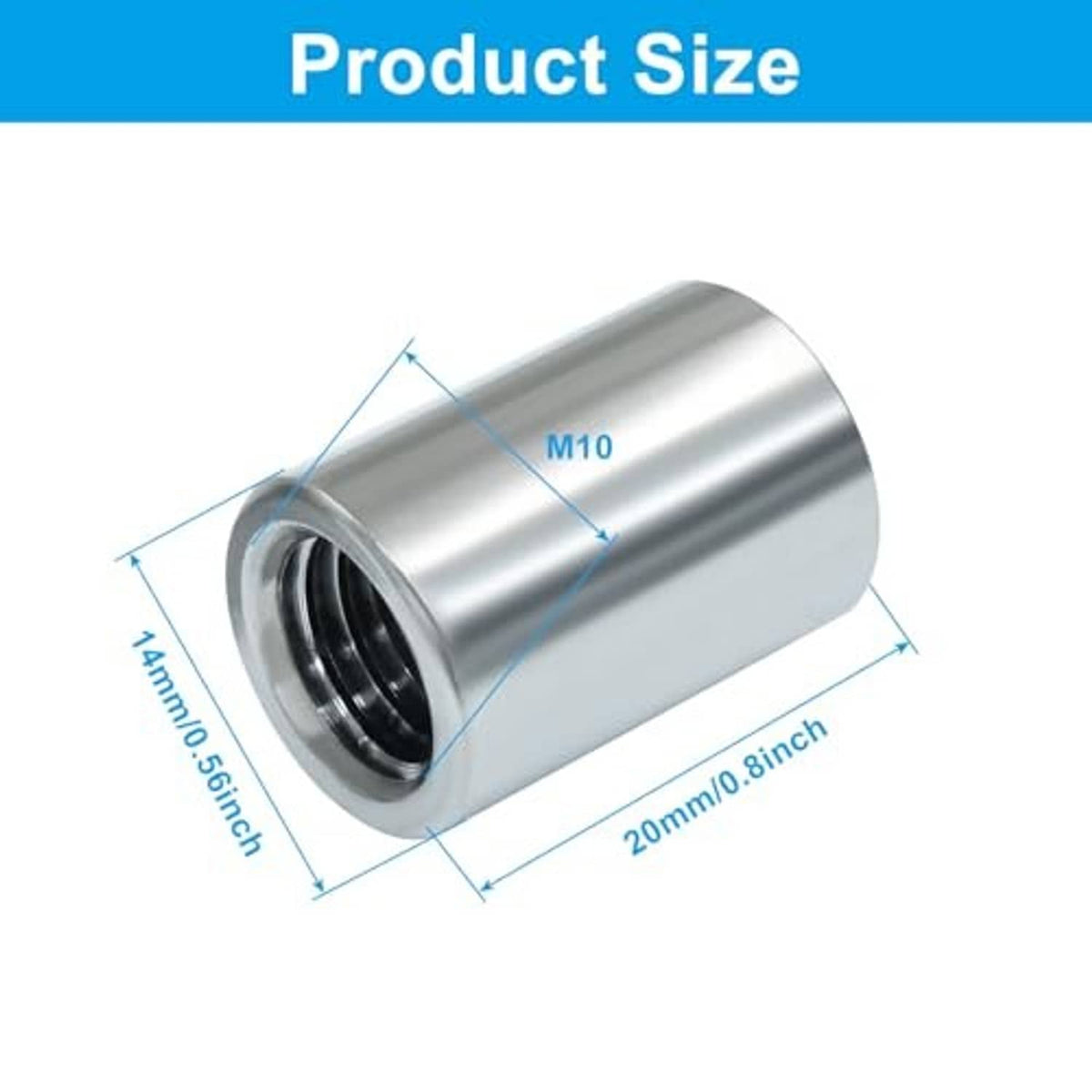 M10 stainless steel sleeve coupling nut, cylindrical body with internal thread size
