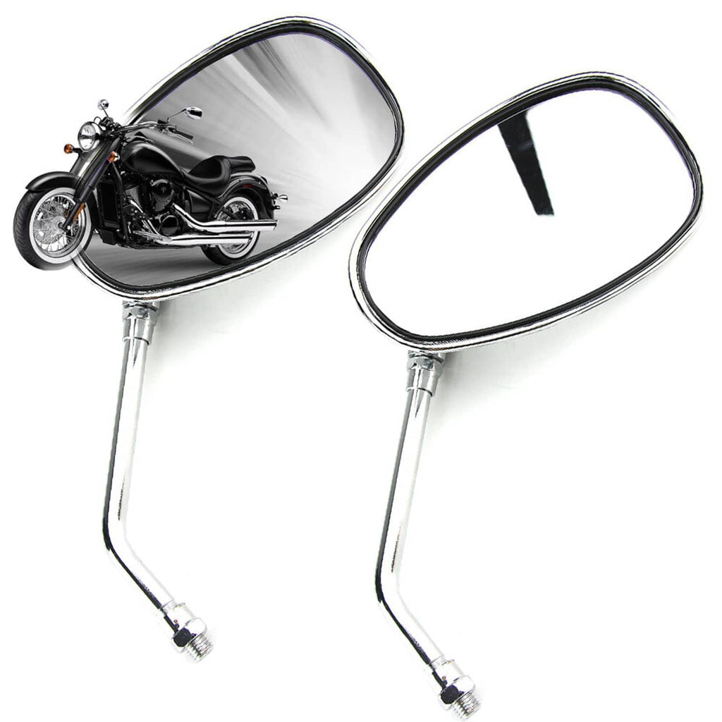 Pair of chrome oval motorcycle mirrors with long stems and threaded mount