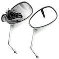 Pair of chrome oval motorcycle mirrors with long stems and threaded mount