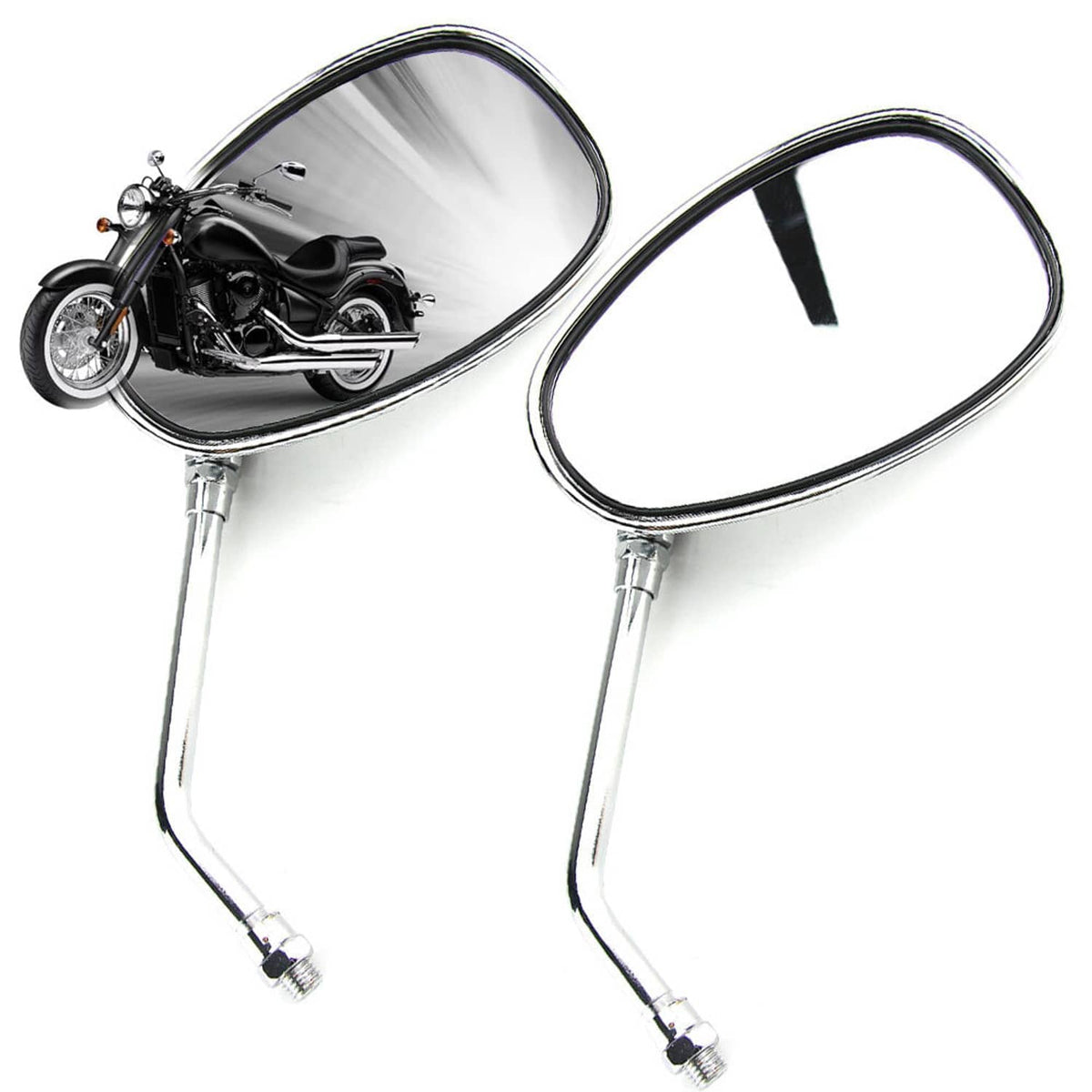 Pair of chrome oval motorcycle mirrors with long stems and threaded mount