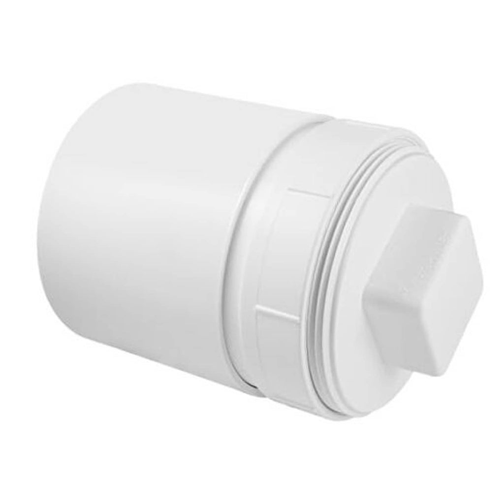White PVC sewer cleanout adapter with plug cap and threaded connection