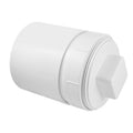 White PVC sewer cleanout adapter with plug cap and threaded connection