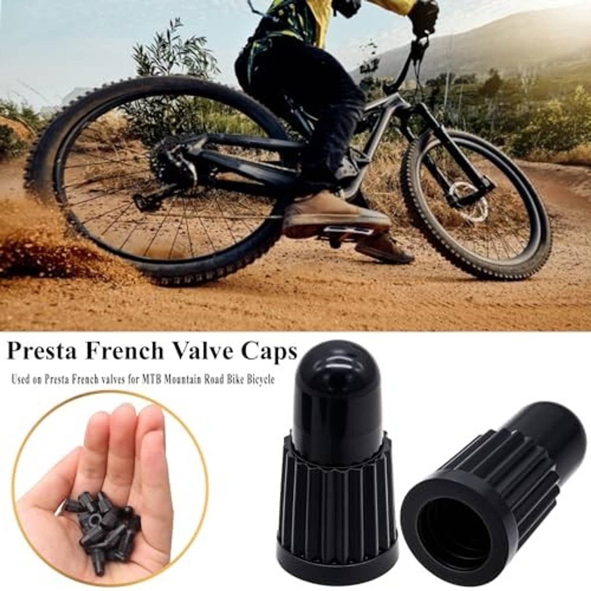 Black Presta valve caps shown with a bicycle wheel and hand holding caps
