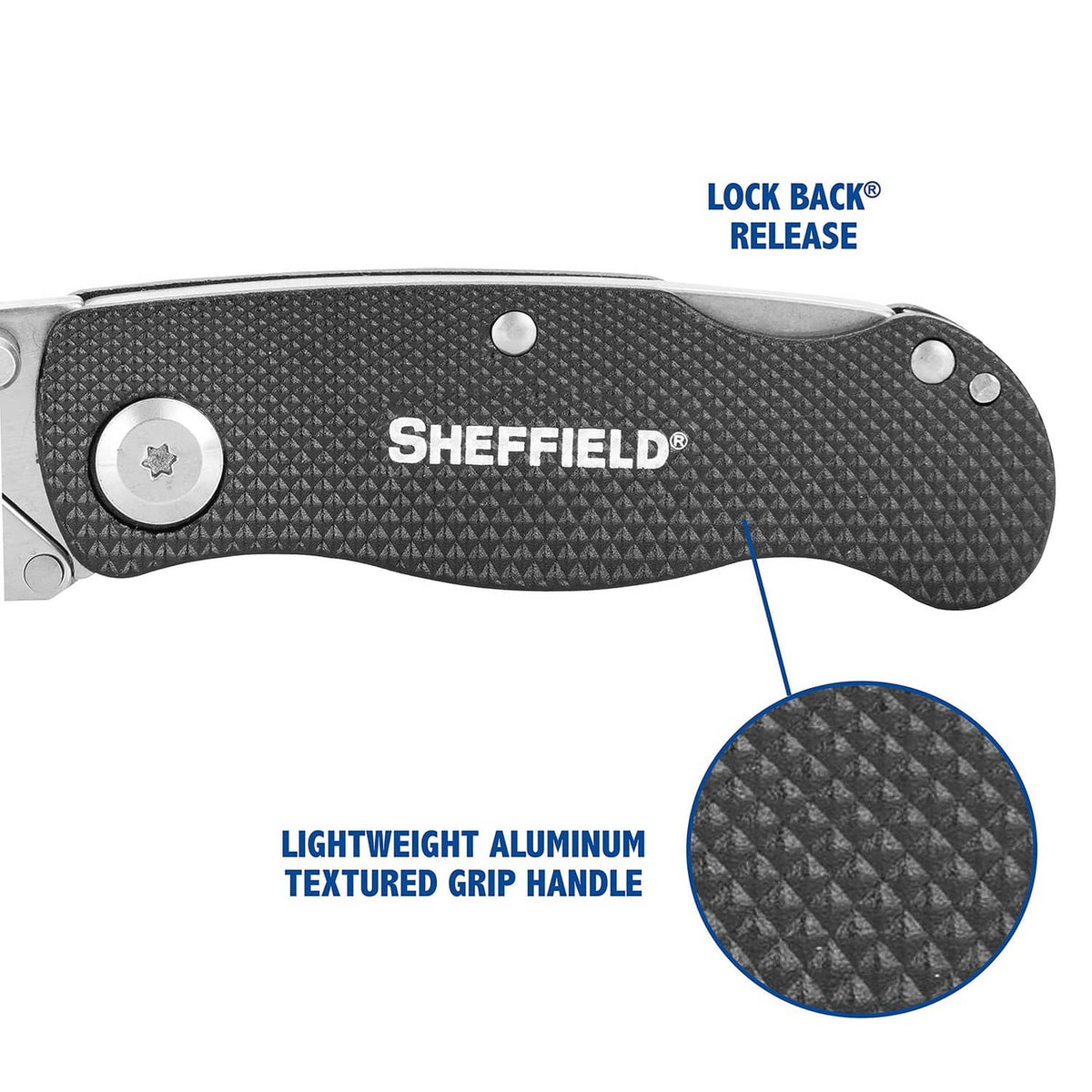 Folding utility knife with lock back release; black textured grip handle