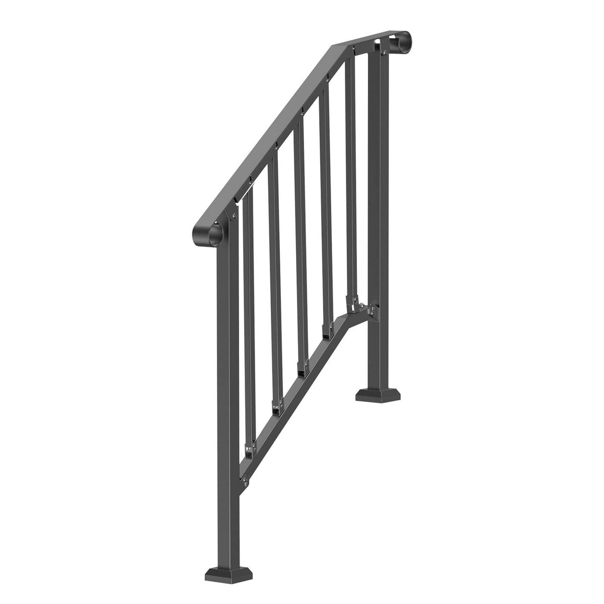 Black 2–3 step outdoor stair handrail with retro arch side post and curved hand grip