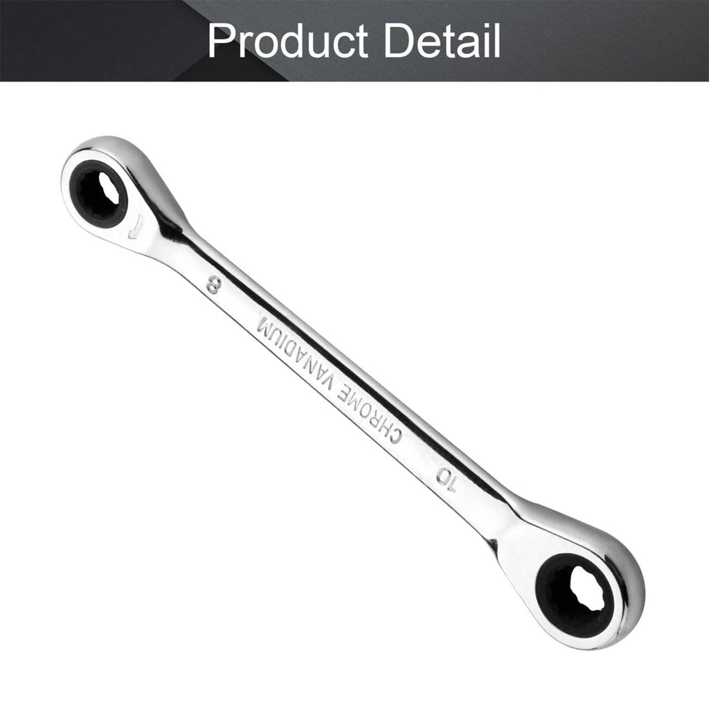 Chrome metric ratcheting double box-end wrench with black ring at the box ends