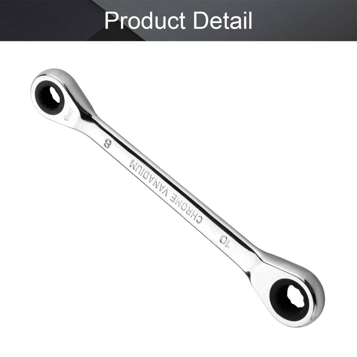 Chrome metric ratcheting double box-end wrench with black ring at the box ends