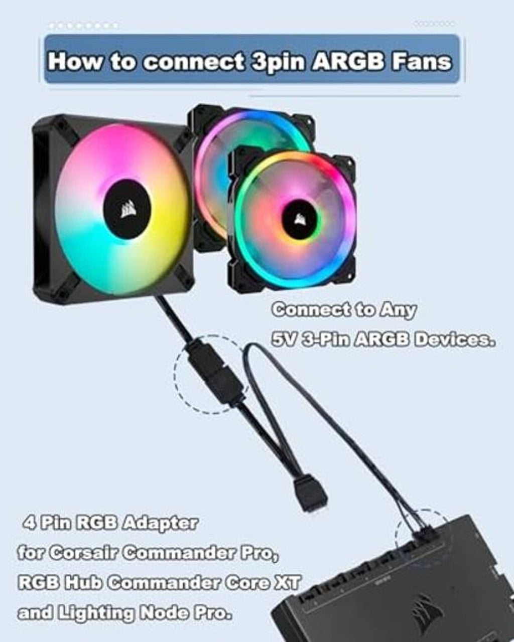 4-pin ARGB adapter cable connecting to RGB fans, black connector leads