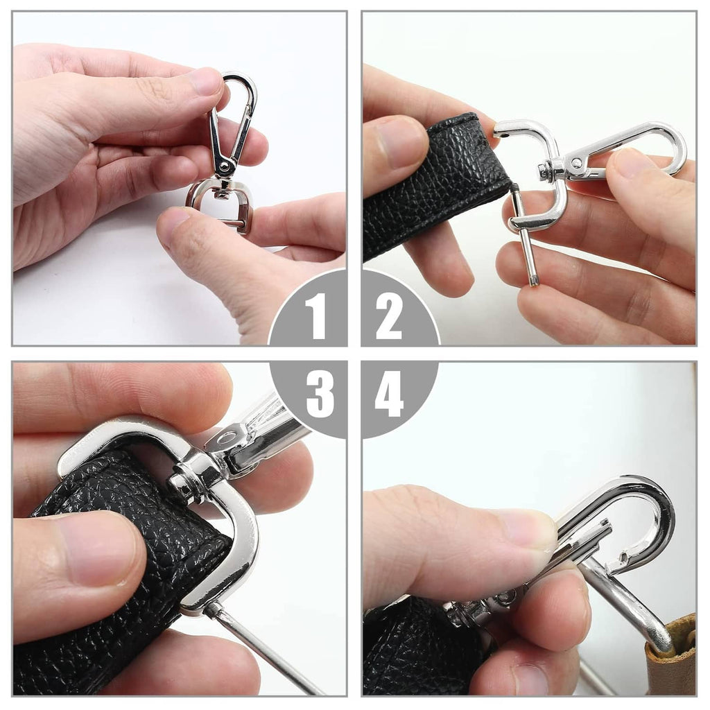 Silver snap swivel hook clasp fastening on black leather strap, close-up