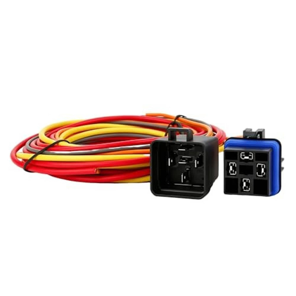 Electric cooling fan wire harness kit with long red and yellow wire bundle and black relay blocks