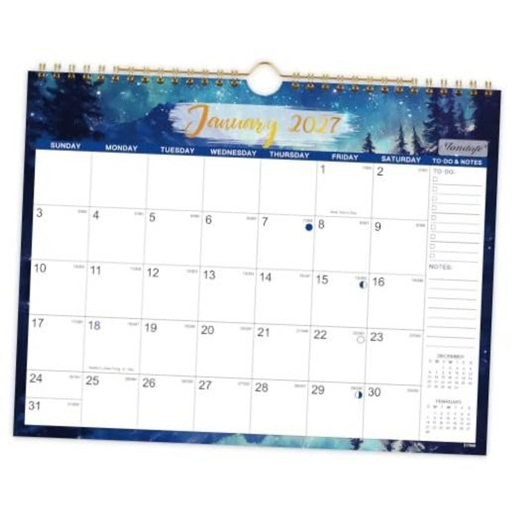 January 2027 wall calendar with spiral binding and monthly grid, to-do and notes column