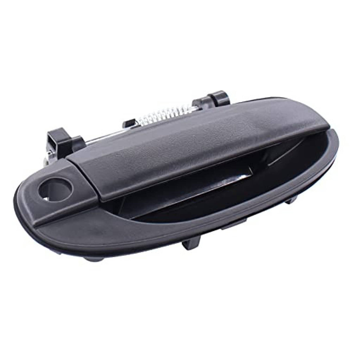 Textured matte black exterior door handle with oval keyhole opening