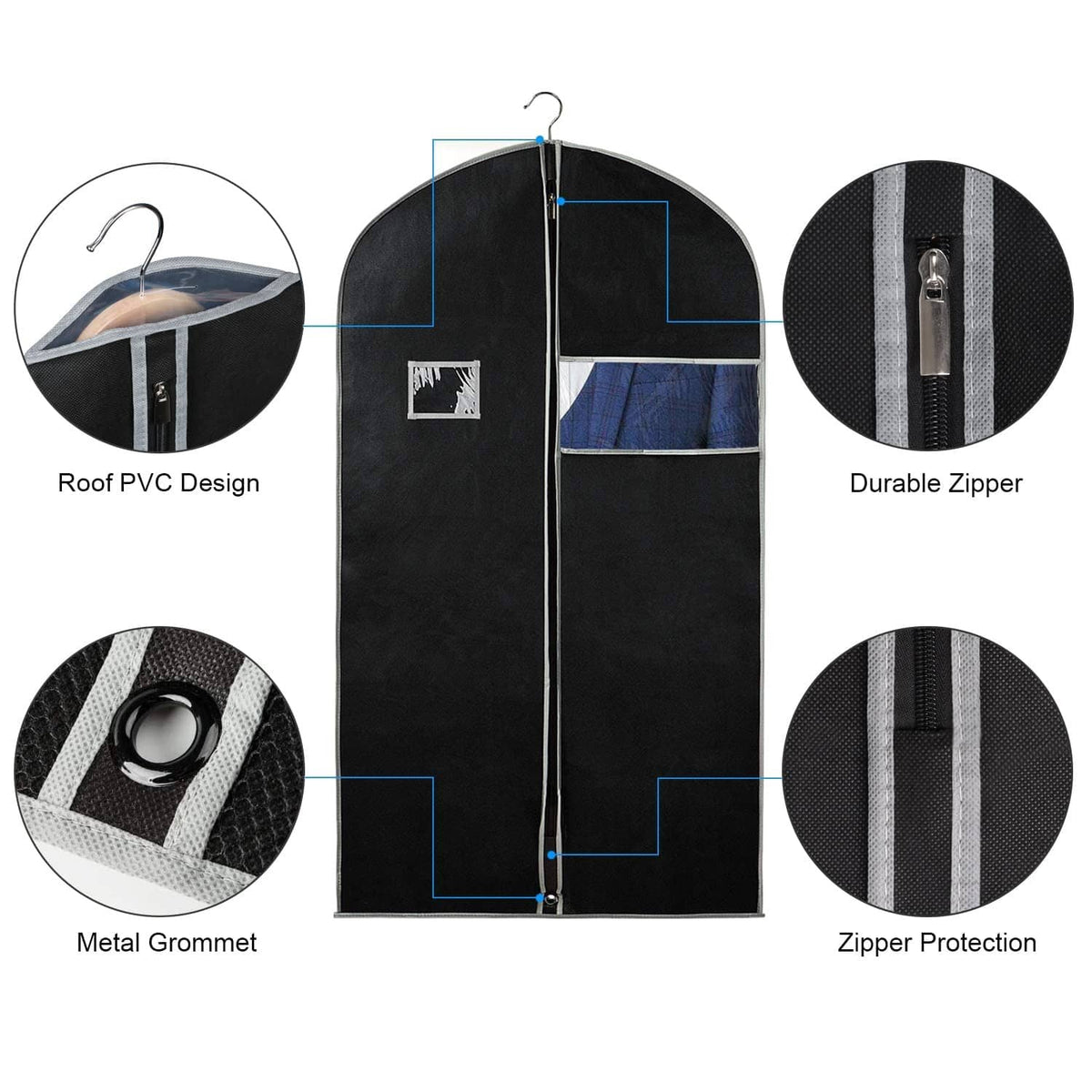 Black suit garment bag with metal grommet, durable zipper, hanging hooks and reinforced panels