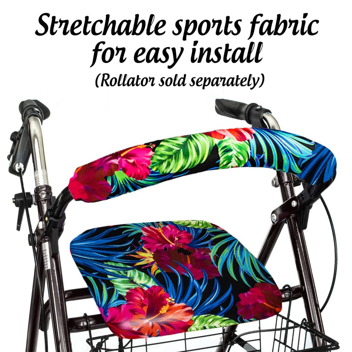 Tropical rollator seat and backrest covers with bright floral pattern, shown on frame.