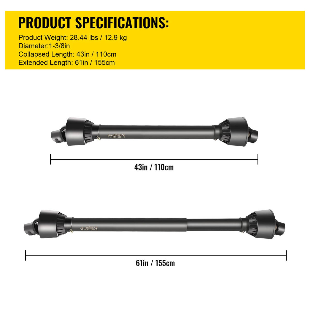 PTO drive shaft length diagram with 43 in collapsed and 61 in extended