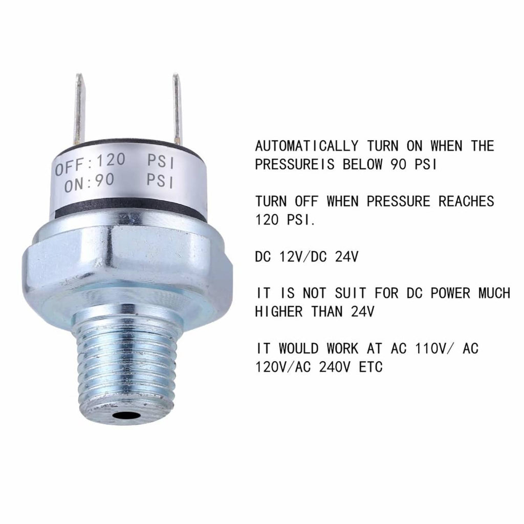 Air pressure switch with OFF/ON pressure range and DC 12V/24V, threaded metal body