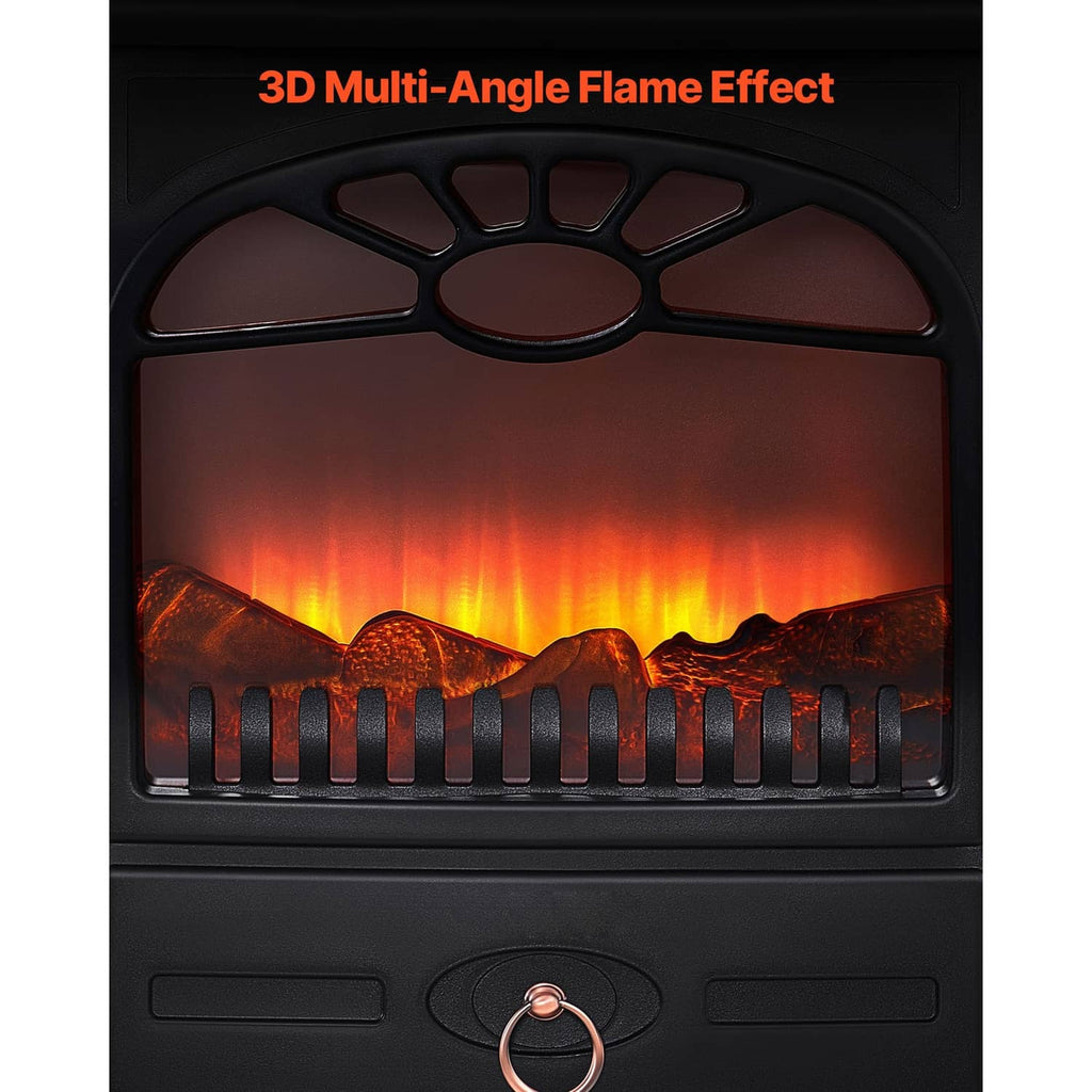 Black electric fireplace heater close-up of multi-angle flame effect through glass