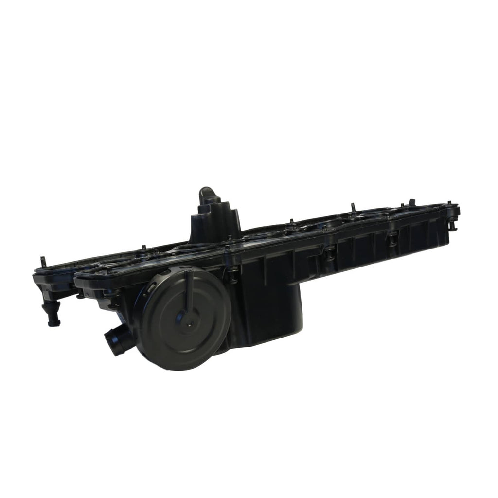 Engine valve cover assembly with oil cap and side mounting posts, black plastic