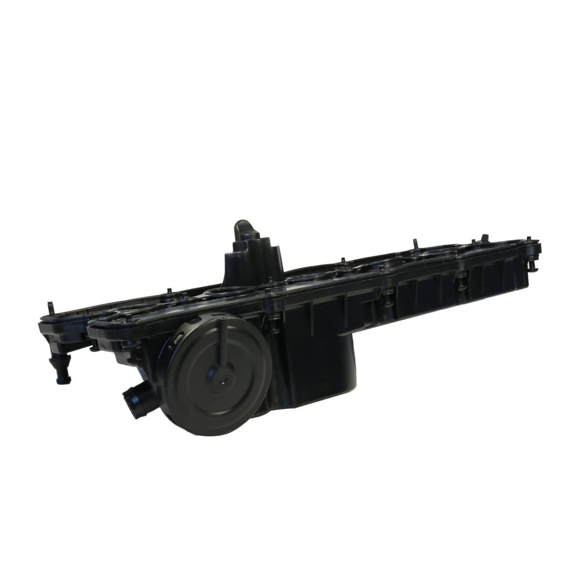 Engine valve cover assembly with oil cap and side mounting posts, black plastic