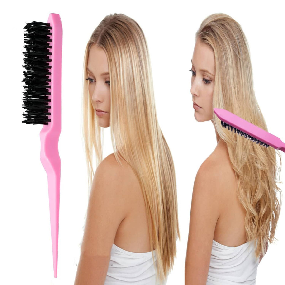 Pink hair brush with black bristles and pointed handle for smoothing long hair