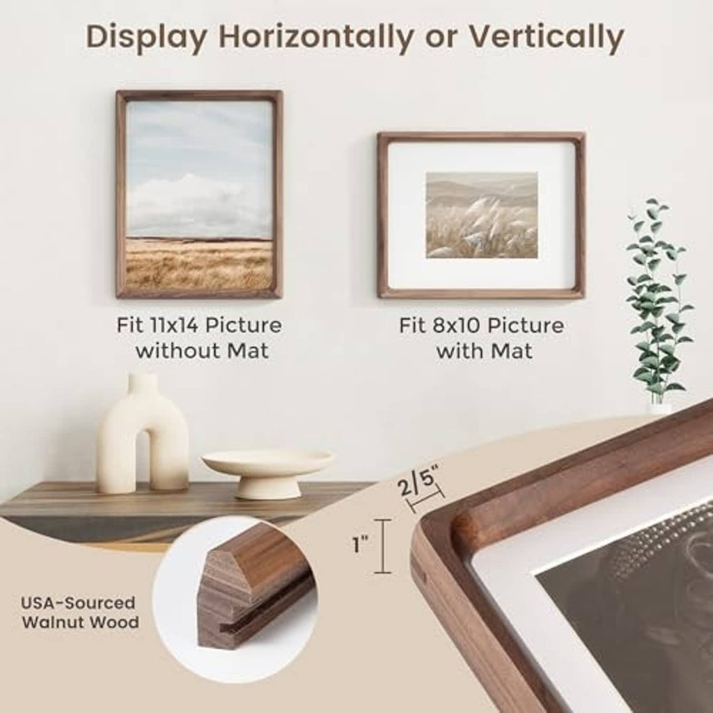 Walnut wood picture frame with beveled white mat for vertical or horizontal display