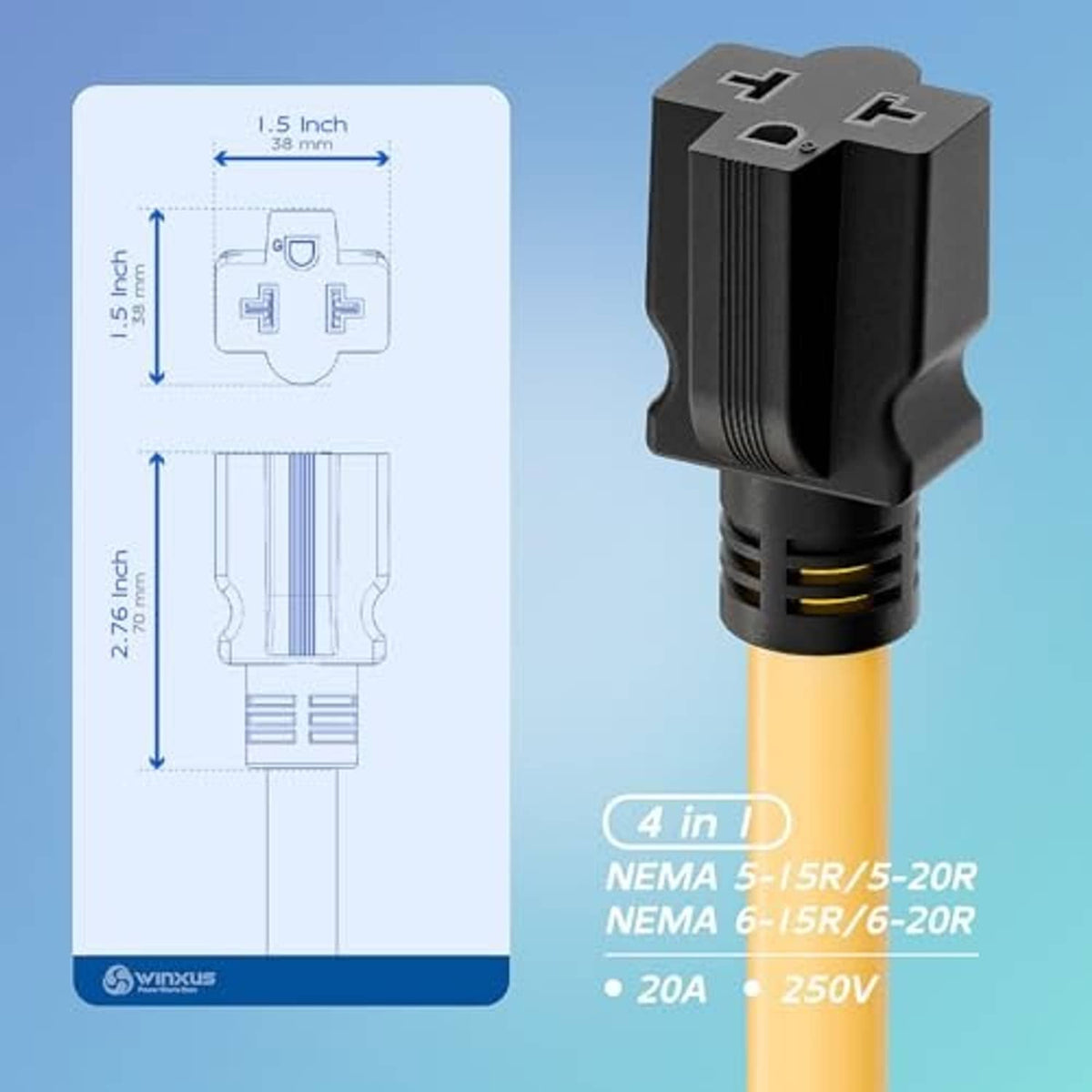 NEMA 5-15R/5-20R adapter plug with gold contacts, compact design