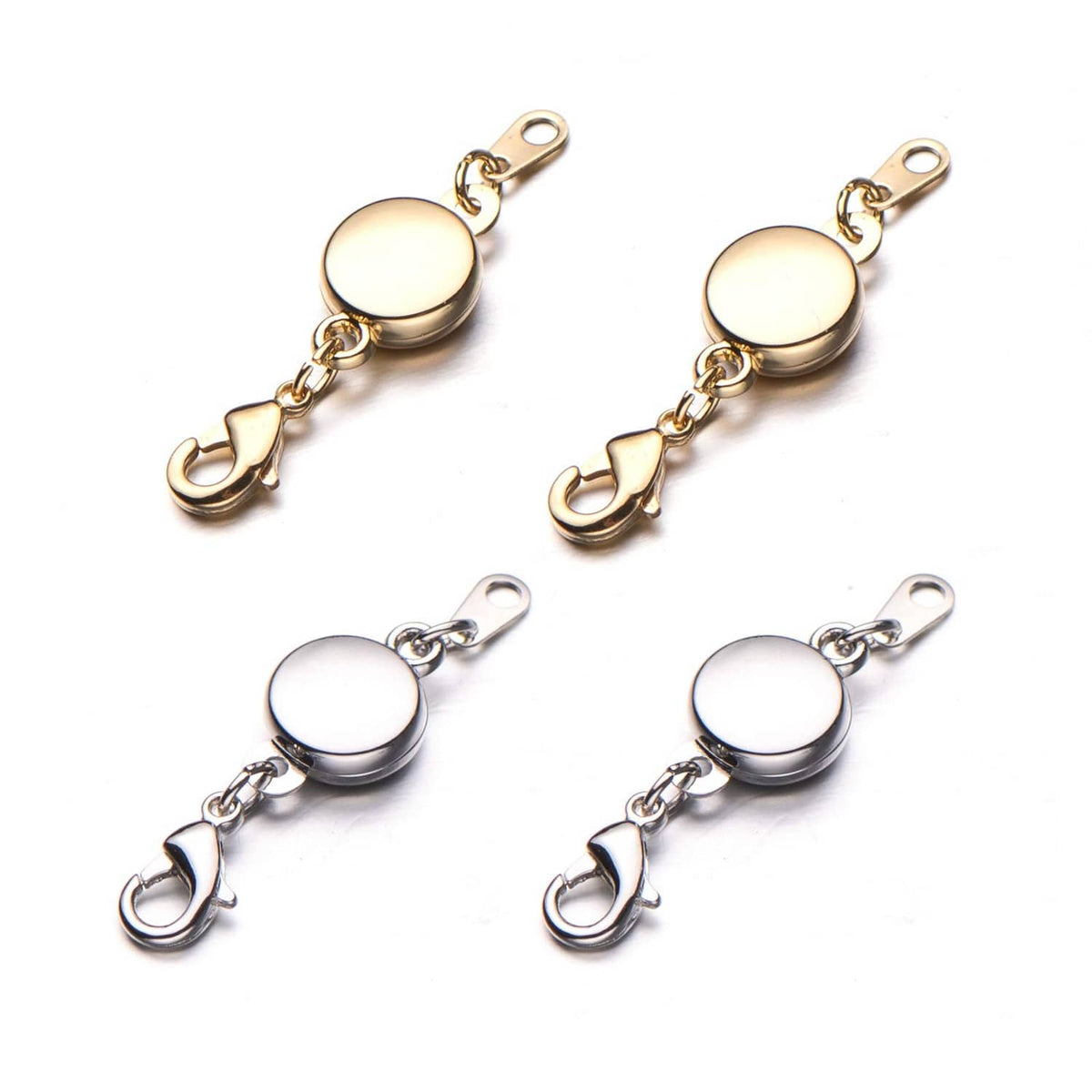 Magnetic jewelry clasp set with round snap discs and chain links, gold and silver finishes