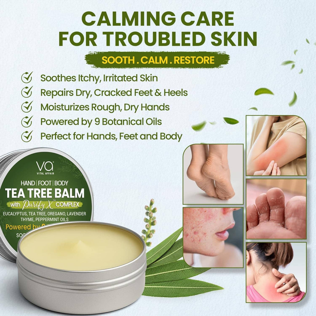 Tea tree balm tin with soothing care graphics for troubled skin