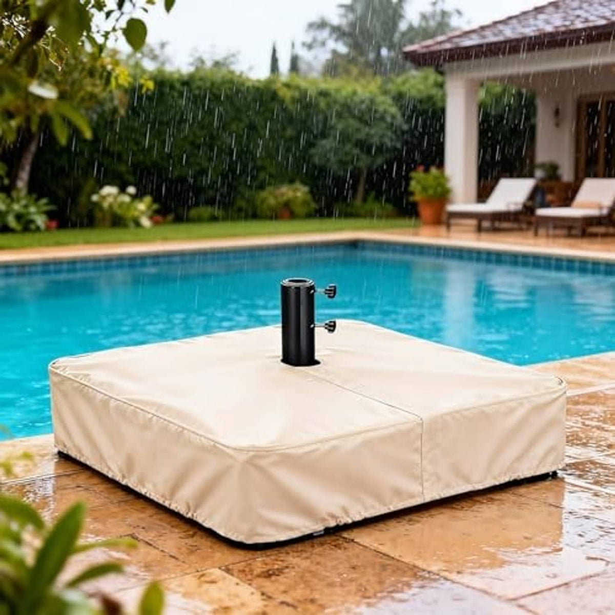 Beige umbrella base cover with pole hole, shown on wet patio near a pool