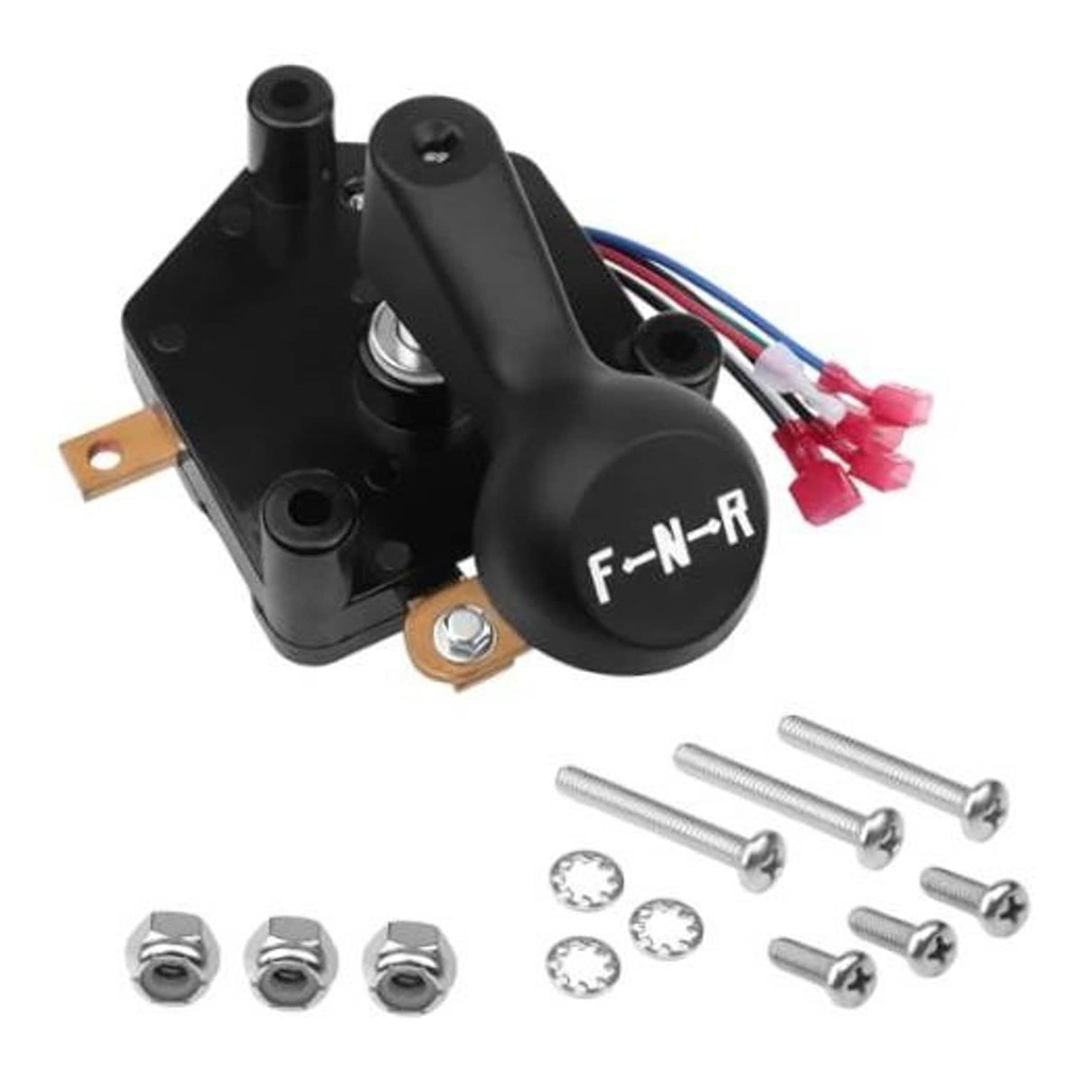 Forward/reverse switch assembly with black lever, F-N-R label, and wiring harness