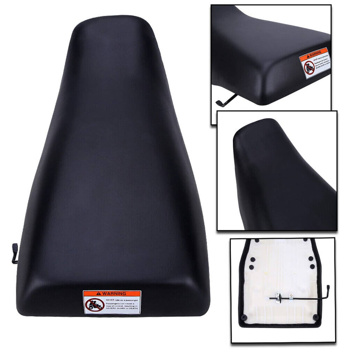 Black ATV seat with warning label; angled view showing mounting clips on side