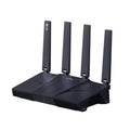 Tri-band WiFi 7 home router, dark with four antennas, top view