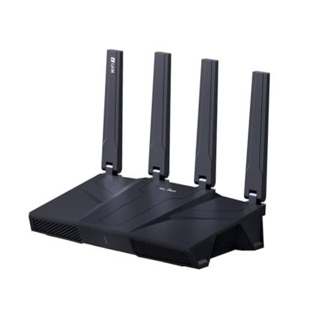 Tri-band WiFi 7 home router, dark with four antennas, top view