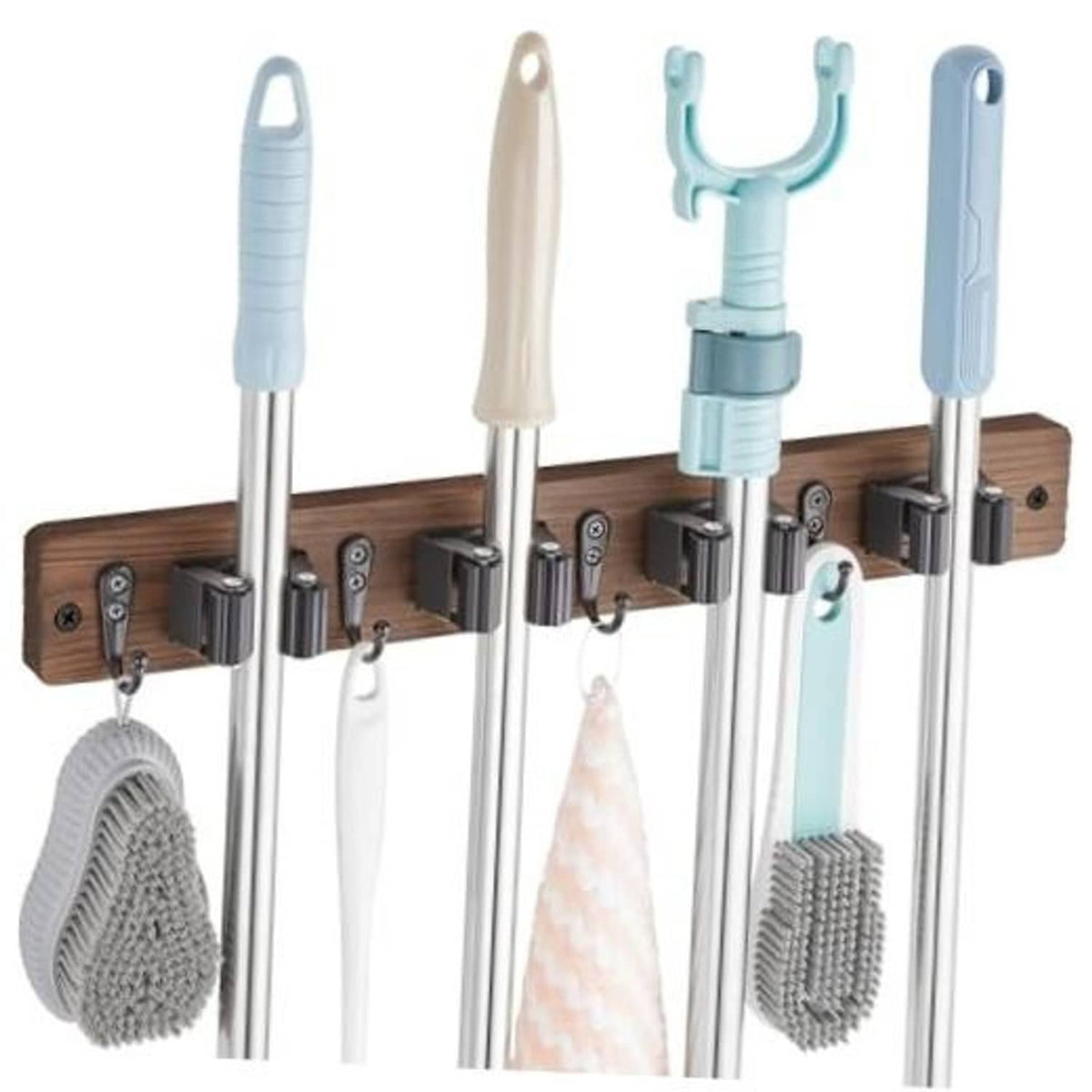 Wall-mounted mop and broom holder with wooden rail, chrome grips, and four hooks