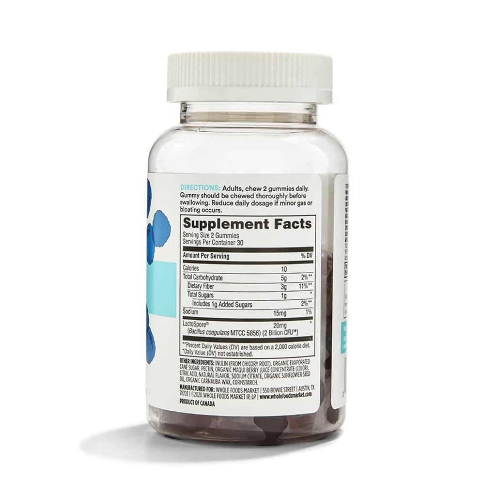 Probiotic fiber supplement bottle showing Supplement Facts label, 60 count, white cap