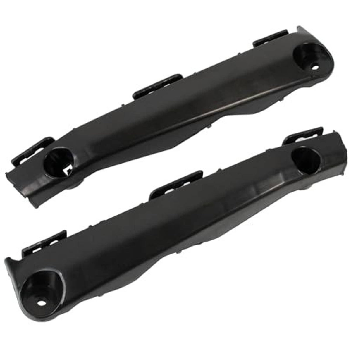 Front bumper bracket pair, black plastic bars with round mounting eyes and side tabs