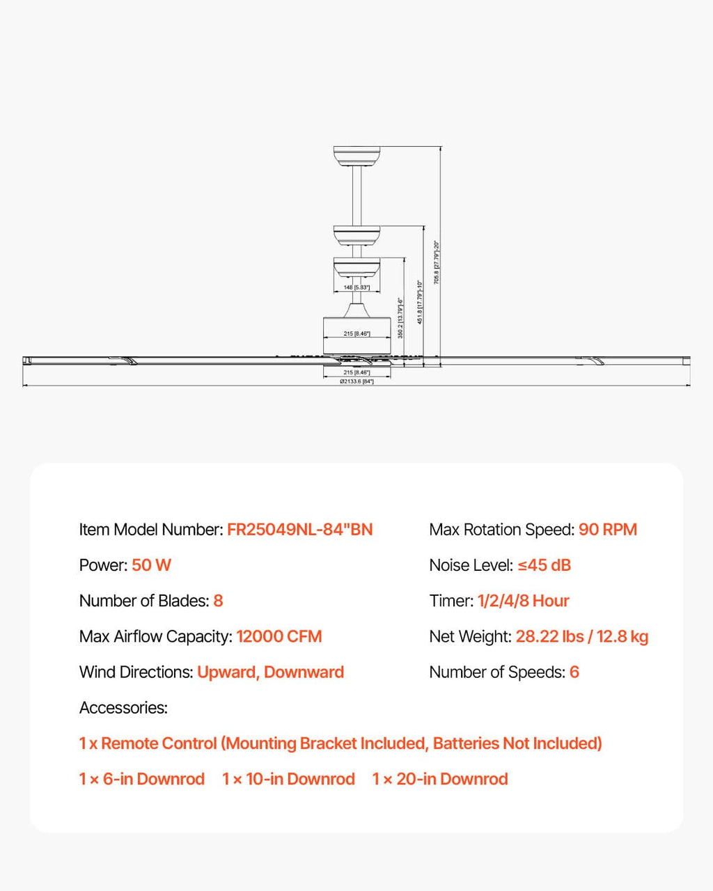 Ceiling fan spec diagram showing airflow, speeds, and included remote mounting bracket; no light kit.