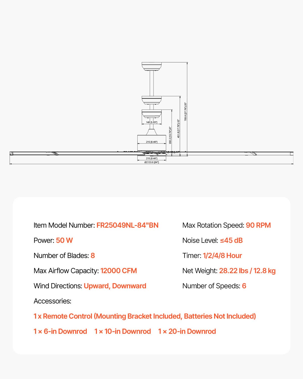 Ceiling fan spec diagram showing airflow, speeds, and included remote mounting bracket; no light kit.