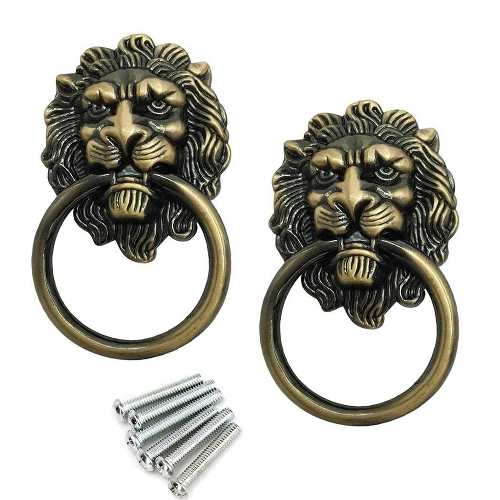 Lion head drawer pull handle with bronze oval ring and included mounting screws