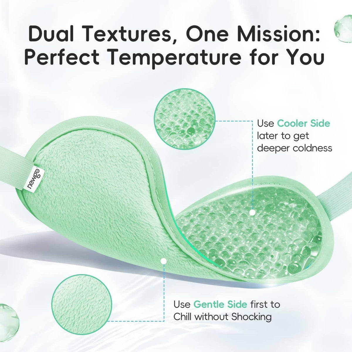 Green dual-texture gel eye mask, curved with elastic strap and embossed texture