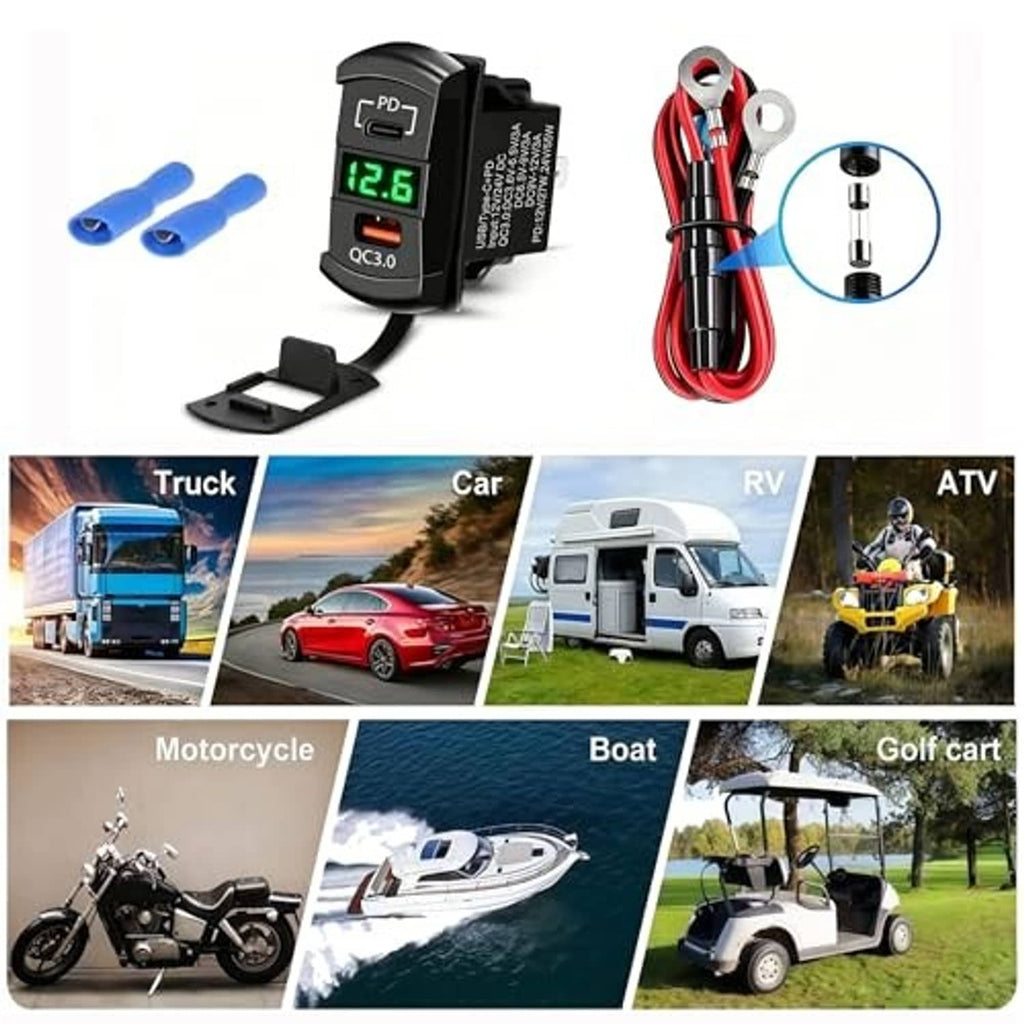 Dual-port USB rocker charger kit with cable leads and mounting base for vehicles