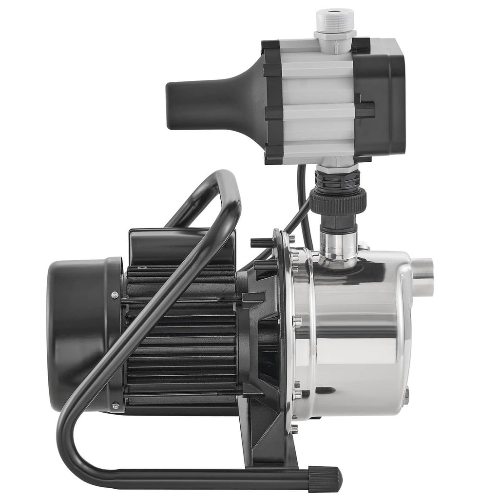 Portable jet pump with auto controller, chrome and black motor unit and intake hose.