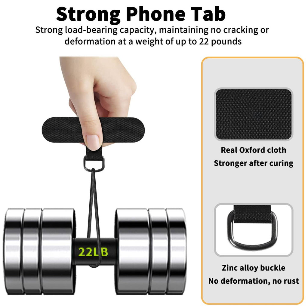 Black Oxford-cloth phone tether tab with zinc alloy buckle and D-ring loop
