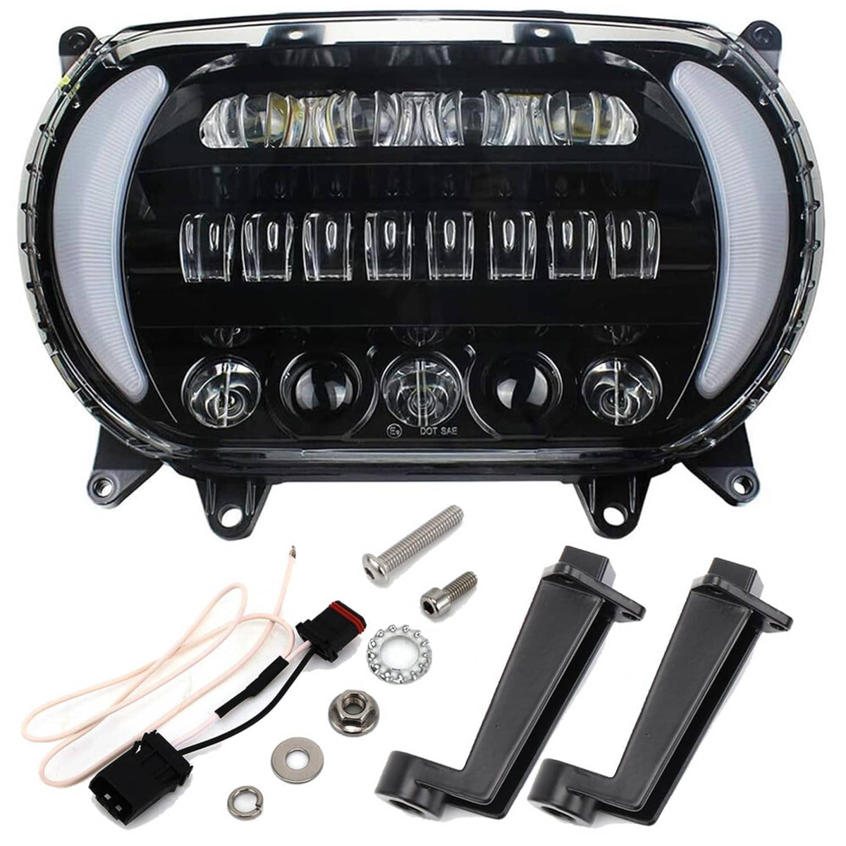 LED headlight kit with wiring connectors and mounting brackets laid out