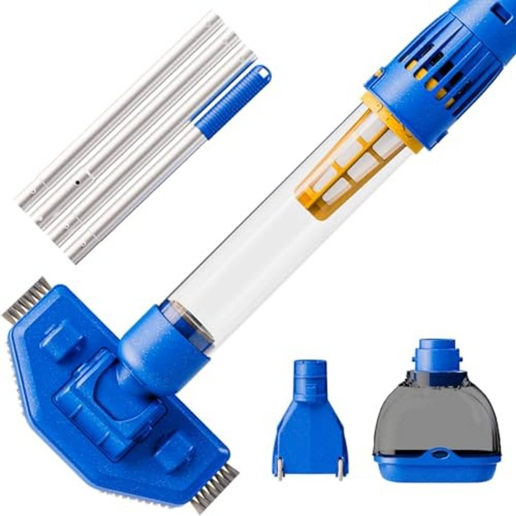 Cordless handheld pool vacuum with long white tube, blue motor unit, and spare nozzles